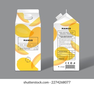 Mango juice. Template packaging design. Whole and cut transparent fruits.