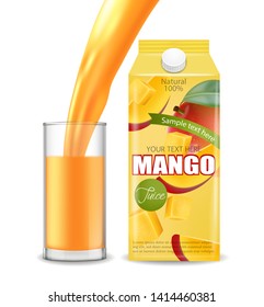 Mango juice Vector realistic. Product placement mock up. Pouring drink in a glass. Packaging design. 3d illustration