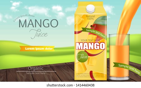 Mango juice Vector realistic. Product placement mock up. Pouring drink in a glass. Packaging design. 3d illustration