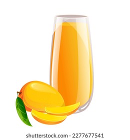 Mango juice.Fresh tropical juice with mango slices.Vector illustration.