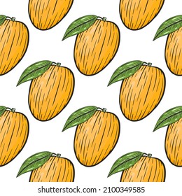 Mango juicy colorful fruit seamless pattern vector illustration. Background of exotic tropical fruits. Mango pattern for fabric, packaging and design