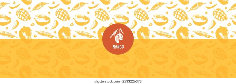 Mango label design with a vector pattern of tropical fruits. Drawings of tropical fruit. Color sketches of organic mangoes. Exotic fruit ornament. Banner background with mangos.