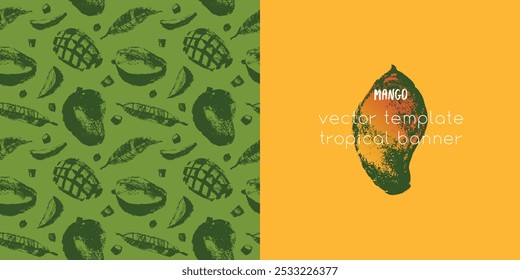 Mango label design with a vector pattern of tropical fruits. Drawings of tropical fruit. Color sketches of organic mangoes. Exotic fruit ornament. Banner background with mangos.