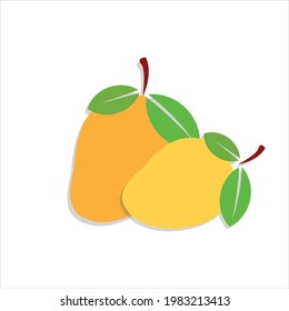 Mango and leaf, flat vector illustration with shadow, over white background.