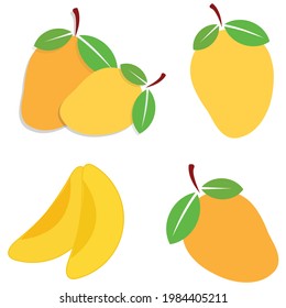 Mango and leaf, flat vector illustration, sliced fruit over white background.