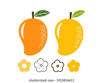 Mango with leaf and flower icon on white background vector illustration. Cute cartoon fruit.