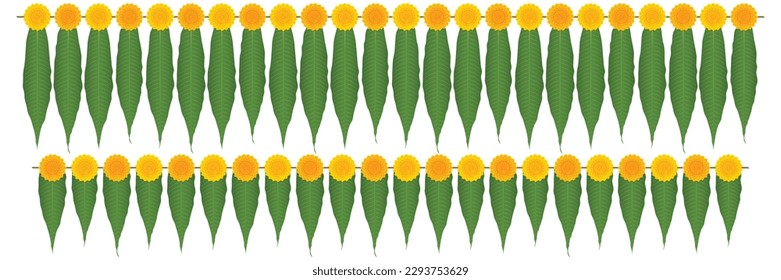 mango leaf marigold flower Garland. Decoration for Indian Hindu Auspicious Occasion, ganesh chaturthi special. natural peepal leaf ornate vector, editable design