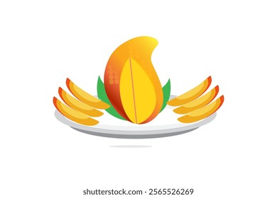 Mango with leafs and a slice on a white background