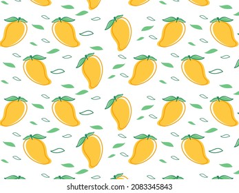Mango with leaves seamless pattern  on white background. It can be used for packaging, wrapping paper, greeting cards, stickers, fabric, and prints.