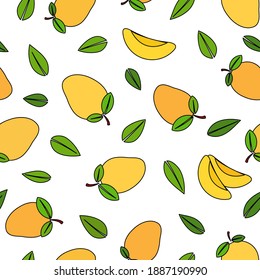 Mango  and leaves, and slices, with black outline cartoon vector illustration over white background, seamless pattern.