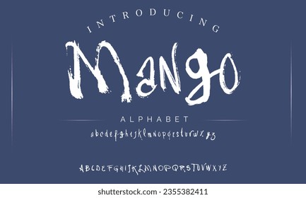 Mango Lettering font isolated on black background. Texture alphabet in street art and graffiti style. Grunge and dirty effect.  Vector brush letters.