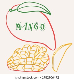 Mango line art hand-drawn multicolor modern vector illustration. Colorful line art exotic fruit design.