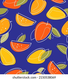 Mango-Linie nahtloses Muster mit Blättern auf blauem Hintergrund für Druck, Stoffstruktur oder Tapete. Vektorgrafik exotischer Früchte Sommergrafik