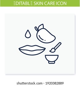 Mango lip balm line icon. Organic lip care, fruit mask, scrub, spa procedures. Natural skincare concept. Facial beauty treatment. Isolated vector illustration.Editable stroke