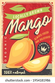 Mango locally grown tropical fruit decorative ad design for fruit market. Mango fruits retro vector poster template. Fresh organic food.