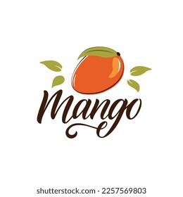 Mango logo. Handwritten text and mango fruit illustration for banner, poster, menu, signage, advertisement, card, package design, print. Creative hand lettering typography. Modern brush calligraphy