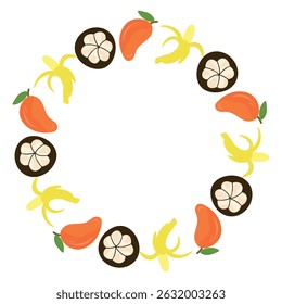 Mango, mangosteen and banana wreath, tropical round frame, border. Perfect for greeting cards, spring decor, wedding invitations, posters, branding, scrapbooking.