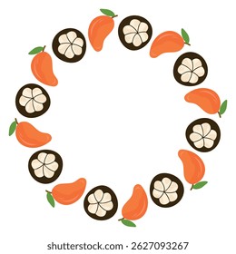 Mango and mangosteen wreath, tropical round frame. Perfect for greeting cards, spring decor, wedding invitations, posters, branding, scrapbooking.