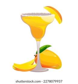 Mango margarita cocktail.Alcoholic tropical drink with mango slices.Vector illustration.