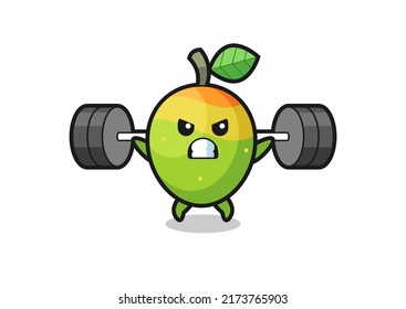mango mascot cartoon with a barbell , cute style design for t shirt, sticker, logo element