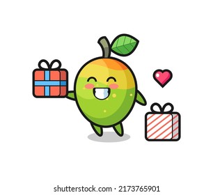 mango mascot cartoon giving the gift , cute style design for t shirt, sticker, logo element