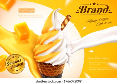 Mango and milk double flavor soft serve ice cream ads with splashing juice and fruit effect in 3d illustration