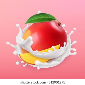 Mango and milk splash. Fruit and yogurt. 3d vector icon. Realistic illustration