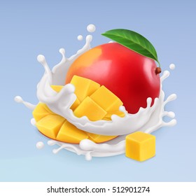 Mango und Milchsplash. Obst und Jogurt. Realistische Illustration. 3D-Vektorsymbol