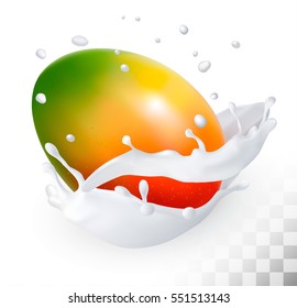 Mango in a milk splash on a transparent background. Vector.