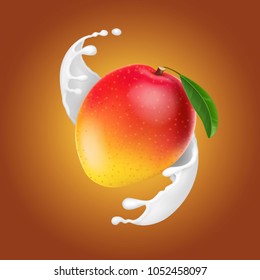 Mango in milk splash. Yogurt or mango dessert realistic vector illustration