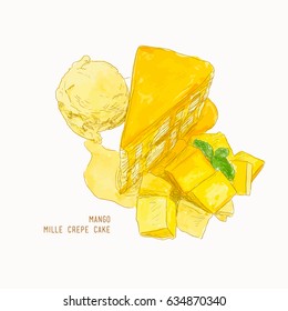 mango mille crepe cake. Hand drawn sketch. Water color vector for dessert cafe.