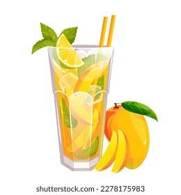 Mojito de mango.Cóctel tropical, limonada con rodajas de mango, menta, cal, hielo.Ilustración vectorial.