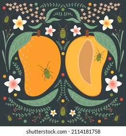 Mango on a dark background with floral elements, flowers, leaves and green beetles.