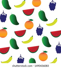 mango, orange, grape and banana designs, white background with text