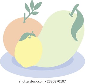 Mango Orange and Lemon On Blue Plate Vector Illustration