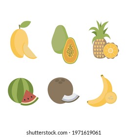 Mango, papaya, watermelon and banana icons isolated. Collection of fresh exotic fruits with coconut and pineapple.