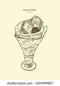 Mango parfait, glass of dessert. hand draw sketch vector.