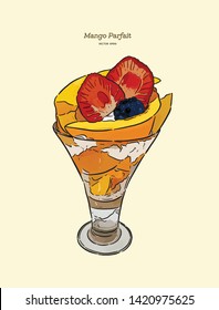 Mango parfait, glass of dessert. hand draw sketch vector.