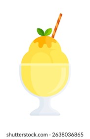 Mango or passion fruit ice cream sundae in glass cup with whipped cream, cookie stick, and leaf decoration. Flat vector illustration isolated on white background. Summer dessert concept
