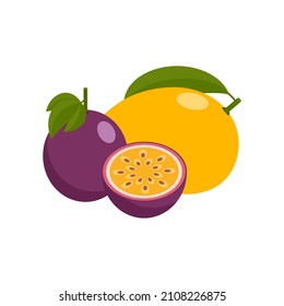 mango and passion fruit. isolated tropical fruits on a white background. vector illustration.