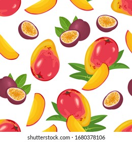 Mango and passion fruit seamless pattern. Juicy tropical fruits and green leaves on a white background. Vector food illustration in cartoon flat style.