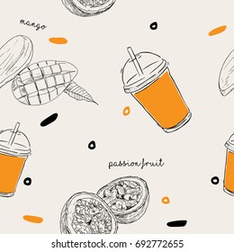mango and passion fruit smoothie for juice bar , beverage seamless pattern