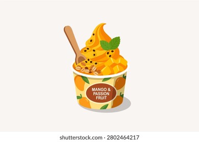 Mango and passion fruit soft serve ice cream with wooden spoon vector. Tropical sundae cup with passion fruit seeds, mango chunks, and mint leaf.