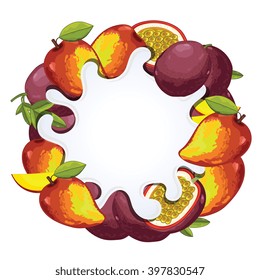 mango passion fruit with yogurt splash isolated on white background. Composition vector mango passion fruit for design packaging of mango passion fruit yogurt. Fruit milk splash