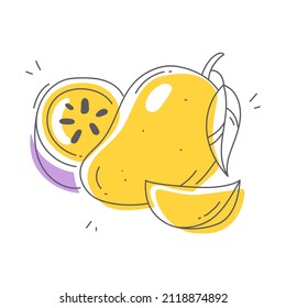 Mango and passionfruit stylized line illustration in modern flat style, isolated on white background