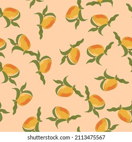Mango pattern. Fruit seamless pattern. Ripe yellow mango whole with leaves on a pink background. Illustration for fabric, wallpapers, posters.