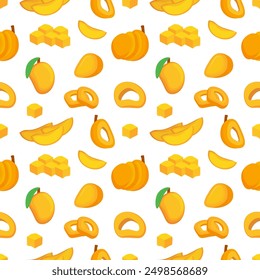 mango pattern. organic mango pieces, cartoon fresh tropical fruits diet healthy nutrition, delicious exotic sweet mango. vector cartoon seamless pattern.