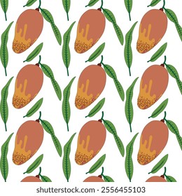 Mango pattern. Ripe and colorful mango with leaves. Summer exotic fruits. Isolated a white background. Vector illustration