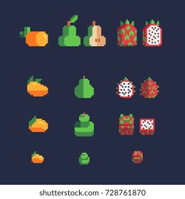 mango, pear and dragon fruit icons, pixel art style vector illustration.