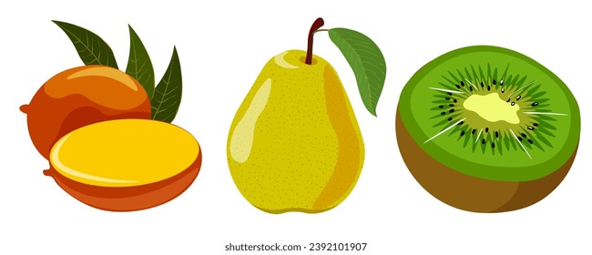 mango, pear and half a kiwi in vector. fruits in semi-realistic style. objects for the design of an application, website, leaflet, booklet, advertising, packaging, sticker.